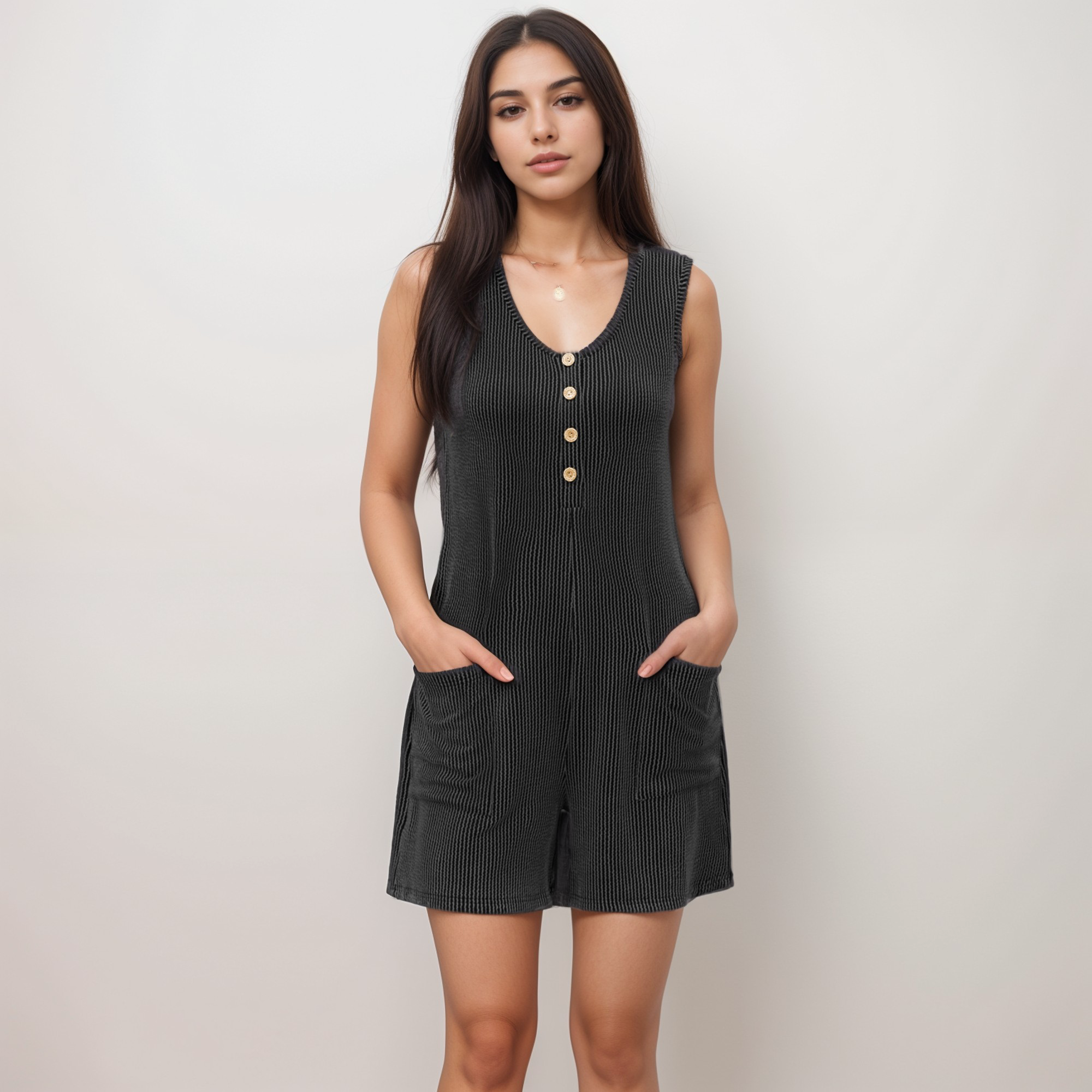Anna-Kaci Women's Textured Knit Sleeveless Romper with Button Front Detail and Side Pockets