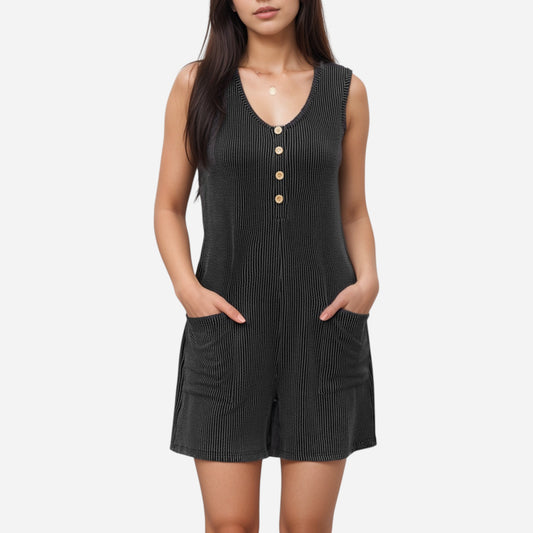 Anna-Kaci Women's Textured Knit Sleeveless Romper with Button Front Detail and Side Pockets