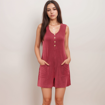 Anna-Kaci Women's Textured Knit Sleeveless Romper with Button Front Detail and Side Pockets