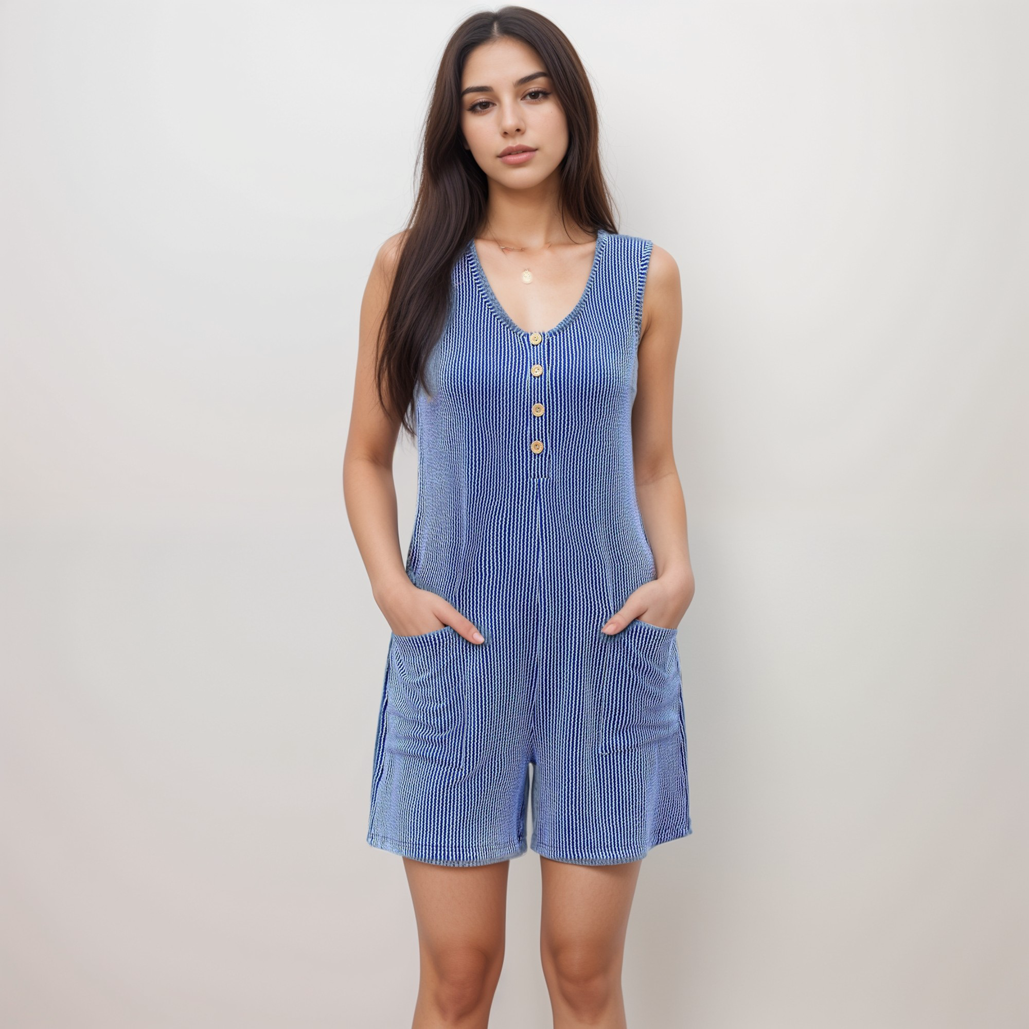Anna-Kaci Women's Textured Knit Sleeveless Romper with Button Front Detail and Side Pockets