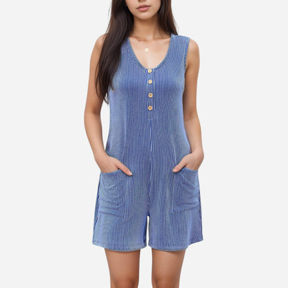 Anna-Kaci Women's Textured Knit Sleeveless Romper with Button Front Detail and Side Pockets