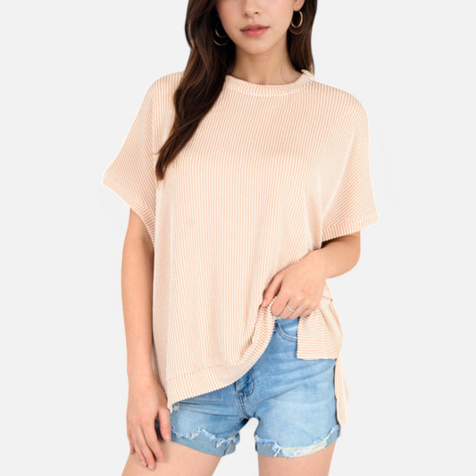Anna-Kaci Women's Oversized Knit Pullover Top with Side Slits and Ribbed Texture