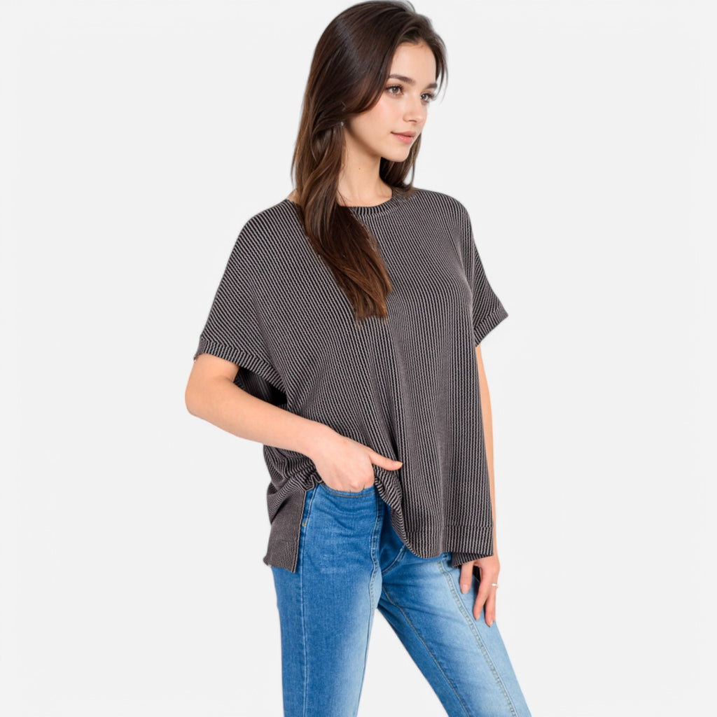 Anna-Kaci Women's Oversized Knit Pullover Top with Side Slits and Ribbed Texture