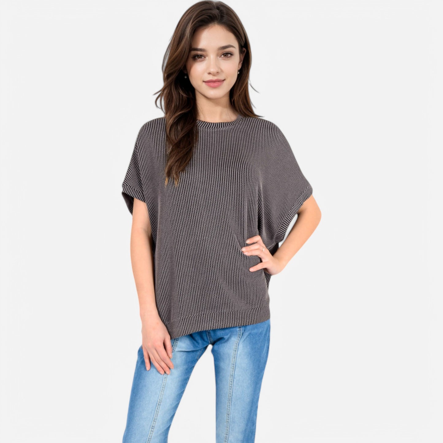Anna-Kaci Women's Oversized Knit Pullover Top with Side Slits and Ribbed Texture
