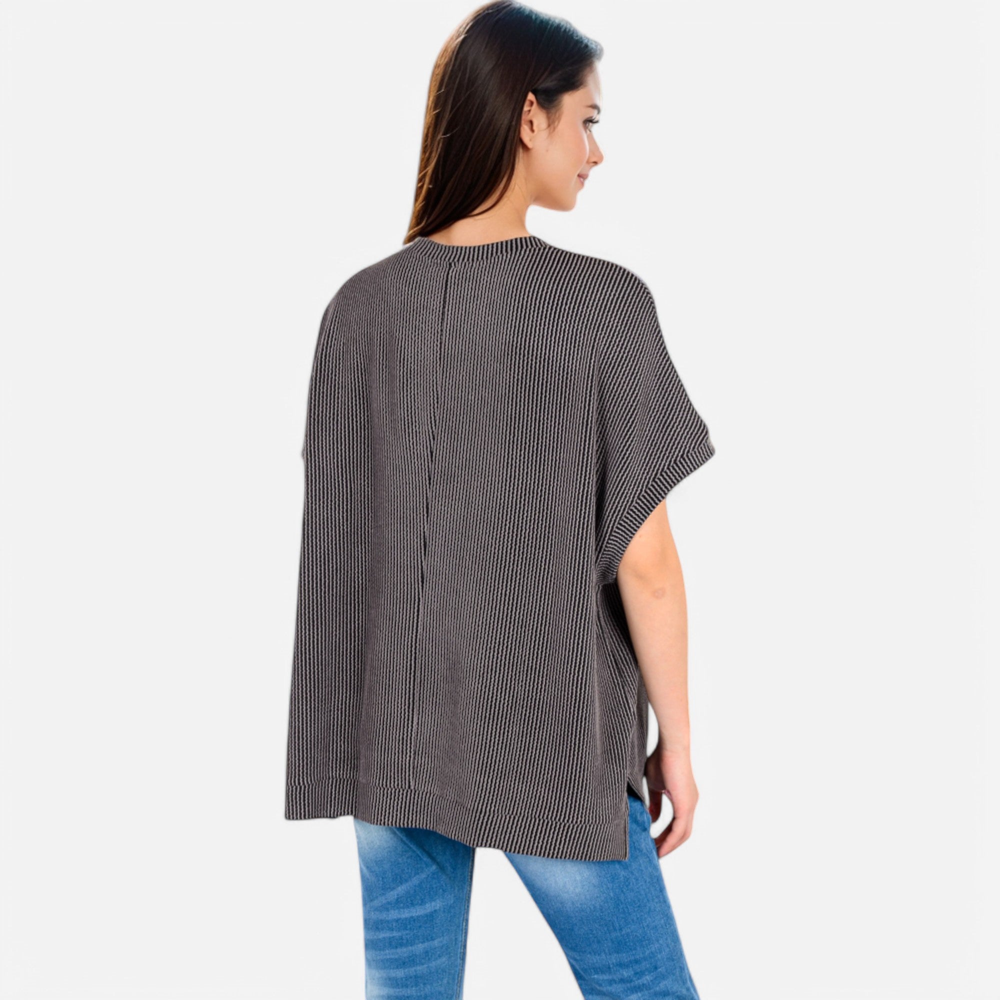 Anna-Kaci Women's Oversized Knit Pullover Top with Side Slits and Ribbed Texture