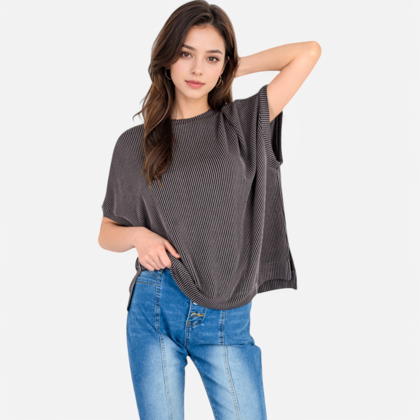 Anna-Kaci Women's Oversized Knit Pullover Top with Side Slits and Ribbed Texture