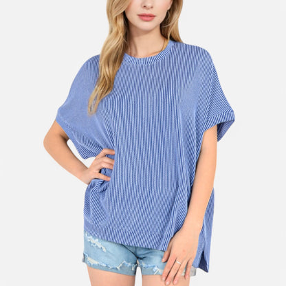 Anna-Kaci Women's Oversized Knit Pullover Top with Side Slits and Ribbed Texture