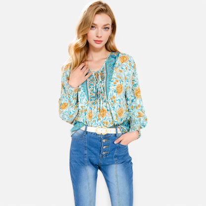 Anna-Kaci Women's Floral Boho Peasant Blouse with Long Sleeves and Tassel Tie