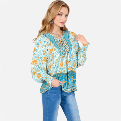 Anna-Kaci Women's Floral Boho Peasant Blouse with Long Sleeves and Tassel Tie