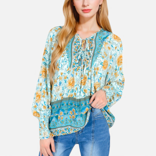 Anna-Kaci Women's Floral Boho Peasant Blouse with Long Sleeves and Tassel Tie
