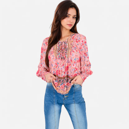 Anna-Kaci Women's Floral Boho Peasant Blouse with Long Sleeves and Tassel Tie
