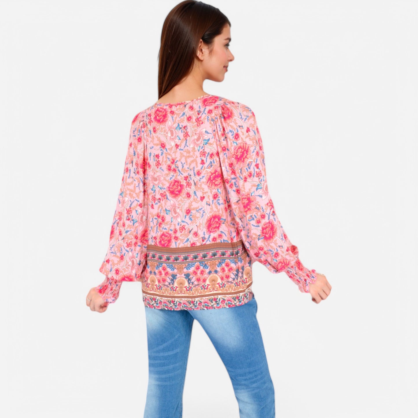 Anna-Kaci Women's Floral Boho Peasant Blouse with Long Sleeves and Tassel Tie