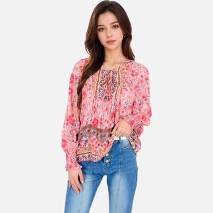 Anna-Kaci Women's Floral Boho Peasant Blouse with Long Sleeves and Tassel Tie