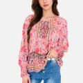 Women's Floral Boho Peasant Blouse with Long Sleeves and Tassel Tie