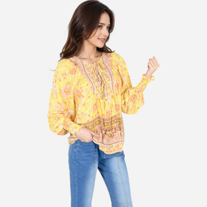 Anna-Kaci Women's Floral Boho Peasant Blouse with Long Sleeves and Tassel Tie