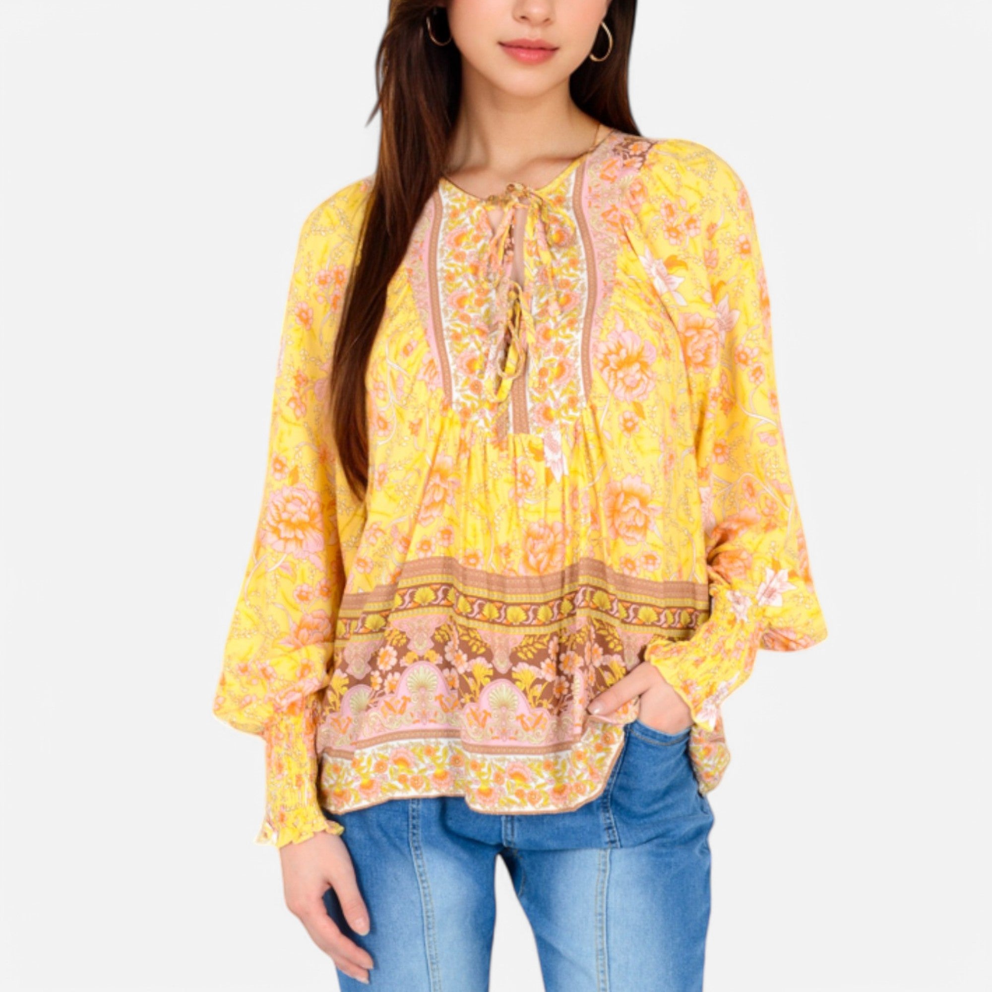 Anna-Kaci Women's Floral Boho Peasant Blouse with Long Sleeves and Tassel Tie