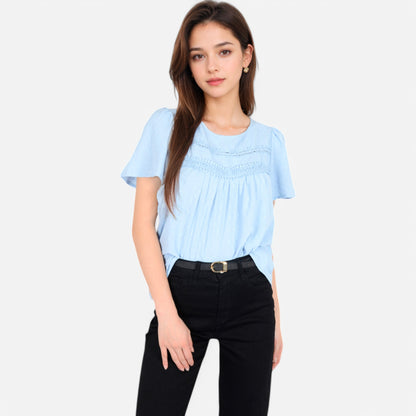 Anna-Kaci Women's Lace Yoke Short Sleeve Blouse with Pleated Front