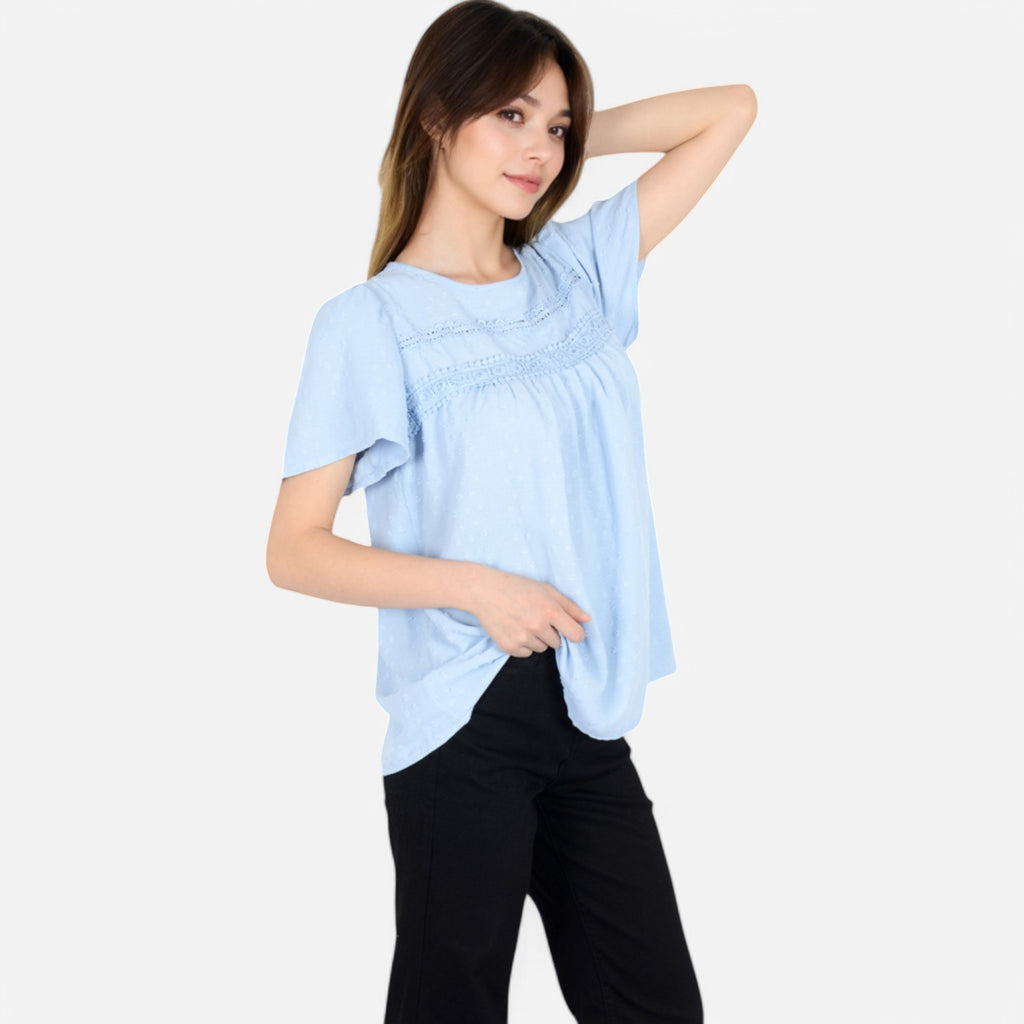 Anna-Kaci Women's Lace Yoke Short Sleeve Blouse with Pleated Front