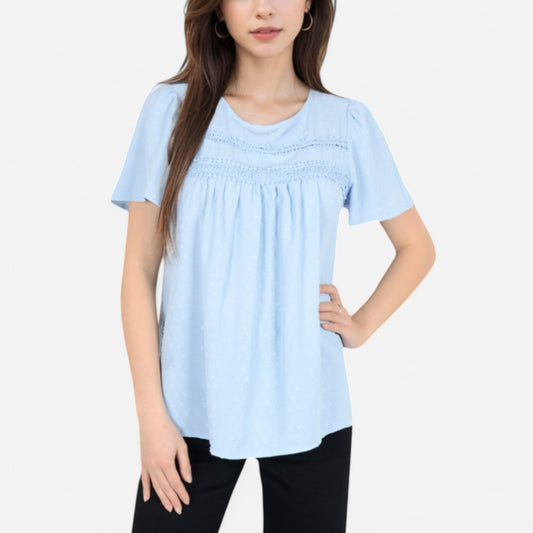 Anna-Kaci Women's Lace Yoke Short Sleeve Blouse with Pleated Front