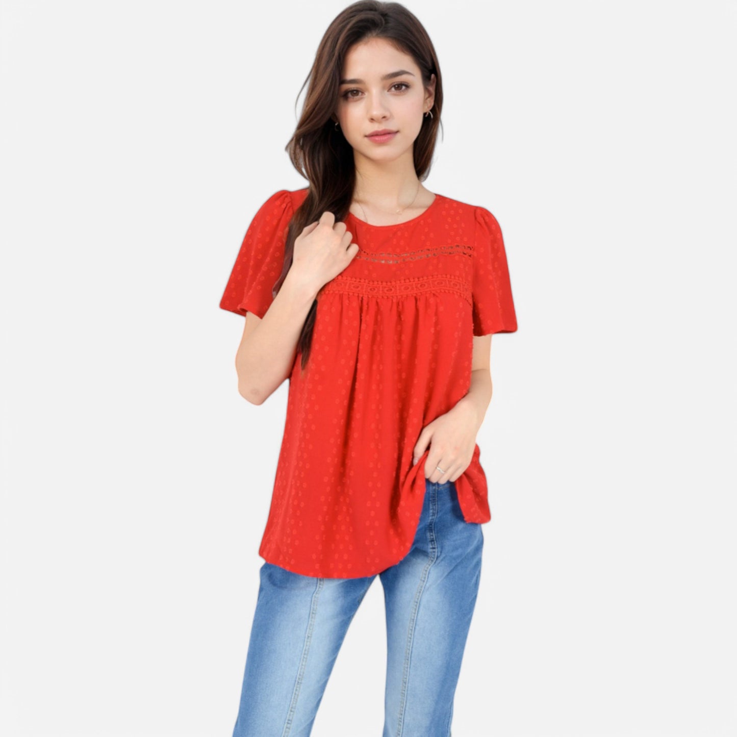 Anna-Kaci Women's Lace Yoke Short Sleeve Blouse with Pleated Front