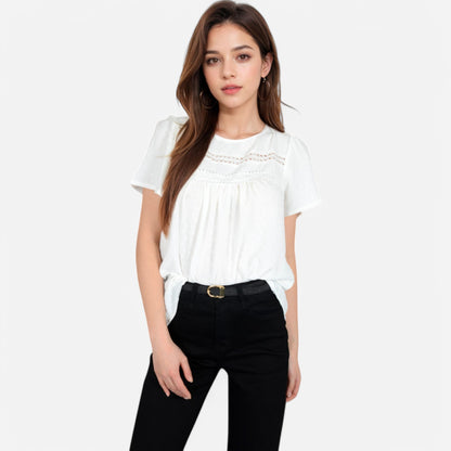 Anna-Kaci Women's Lace Yoke Short Sleeve Blouse with Pleated Front