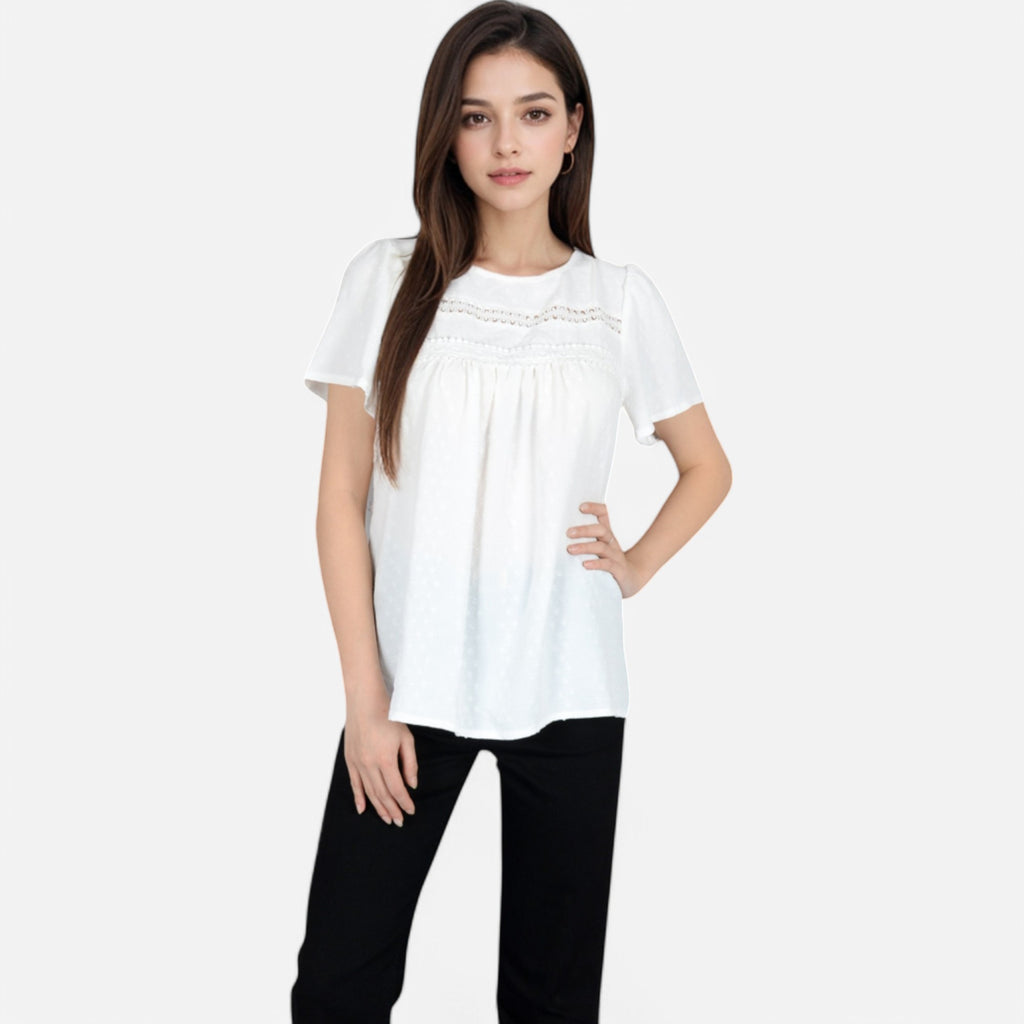 Anna-Kaci Women's Lace Yoke Short Sleeve Blouse with Pleated Front
