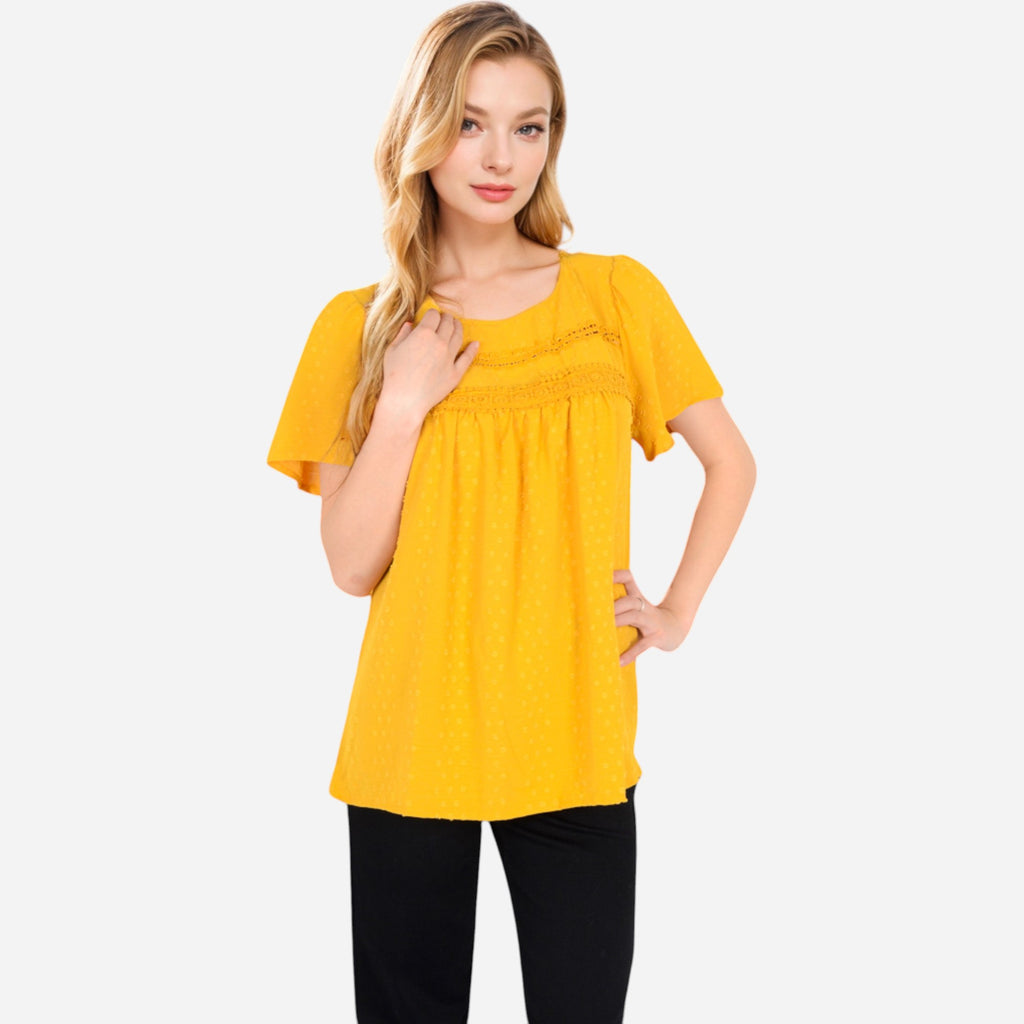 Anna-Kaci Women's Lace Yoke Short Sleeve Blouse with Pleated Front