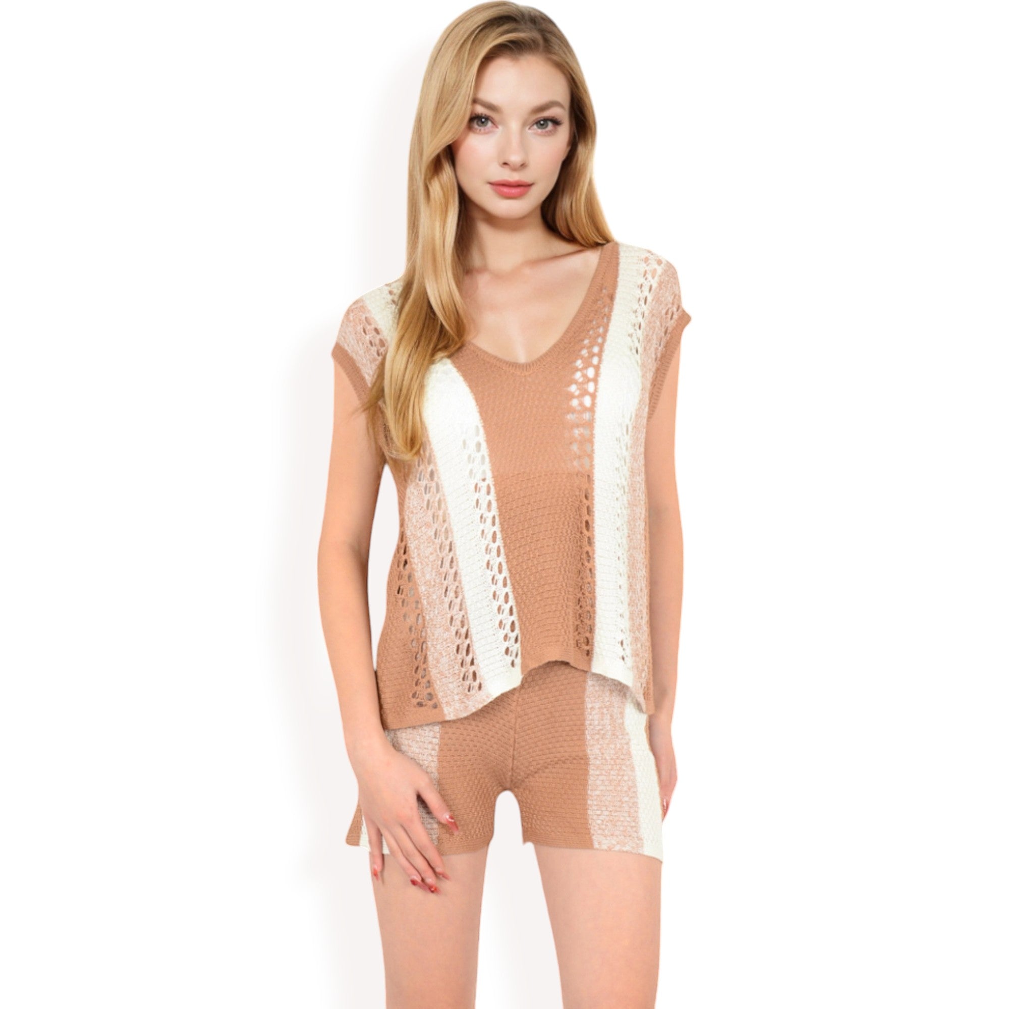 Anna-Kaci Women's Crochet Knit Two-Piece Set with Striped Top and Shorts