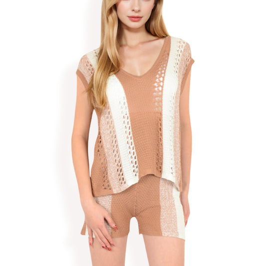 Anna-Kaci Women's Crochet Knit Two-Piece Set with Striped Top and Shorts