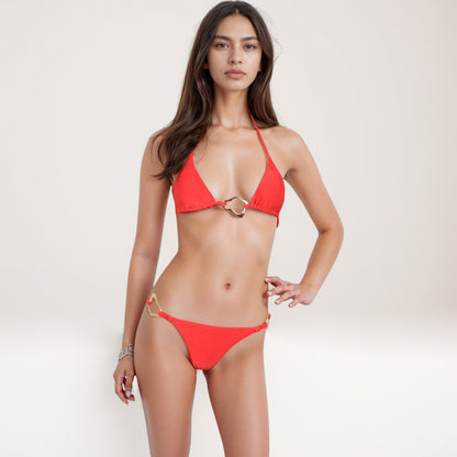 Anna-Kaci Women's Triangle Bikini Set with Gold Metal Accents and Adjustable Tie Straps