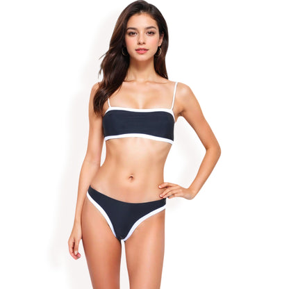 Anna-Kaci Women's Contrast Trim Bikini Set with Scoop Neck Top and High-Cut Bottoms