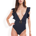 Anna-Kaci Women's Ruffle Shoulder Deep V One-Piece Swimsuit with Belted Waist