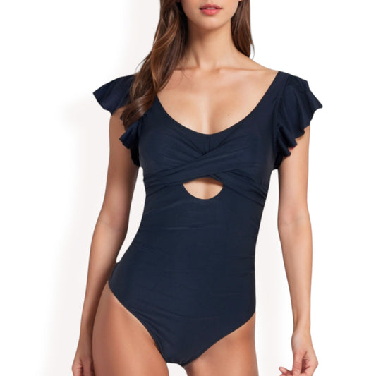 Anna-Kaci Women's Ruffled Sleeve One-Piece Swimsuit with Twist Front and Cutout Detail