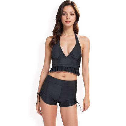Anna-Kaci Women's Halter High-Waisted Bikini Set with Ruched Detailing and Ruffle Hem
