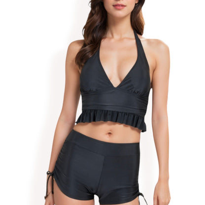 Anna-Kaci Women's Halter High-Waisted Bikini Set with Ruched Detailing and Ruffle Hem