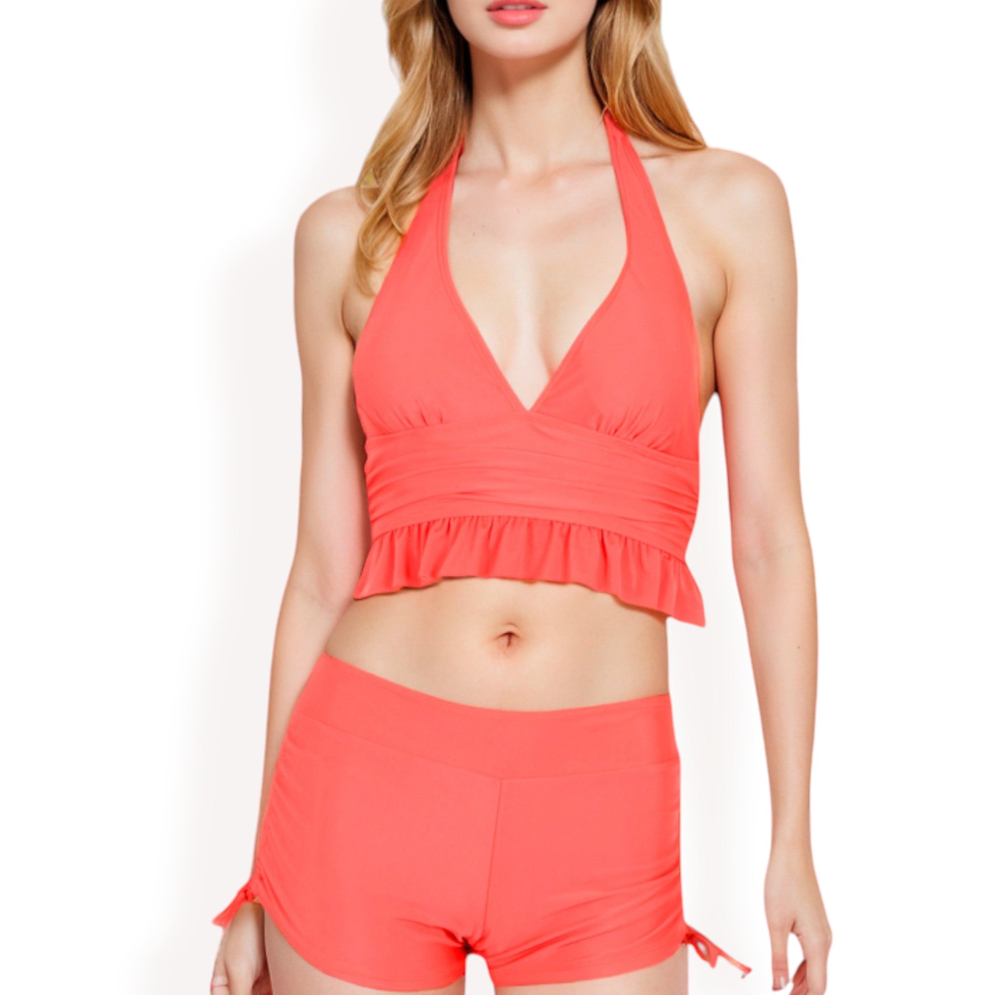 Anna-Kaci Women's Halter High-Waisted Bikini Set with Ruched Detailing and Ruffle Hem