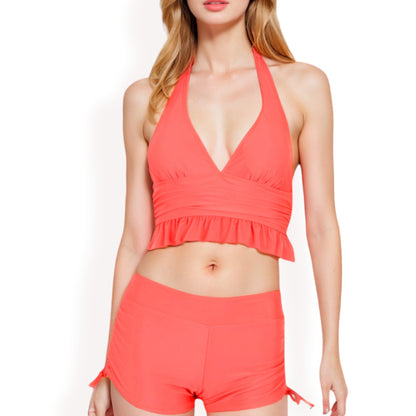 Anna-Kaci Women's Halter High-Waisted Bikini Set with Ruched Detailing and Ruffle Hem