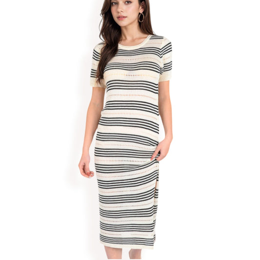 Anna-Kaci Women's Striped Knit Midi Dress with Side Slit