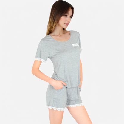 Anna-Kaci Lounge Women's Lace Trim Short Sleeve Pajama Set with Pocket Detail