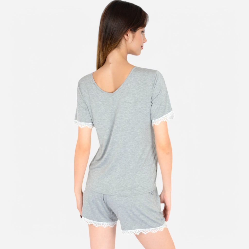 Anna-Kaci Lounge Women's Lace Trim Short Sleeve Pajama Set with Pocket Detail