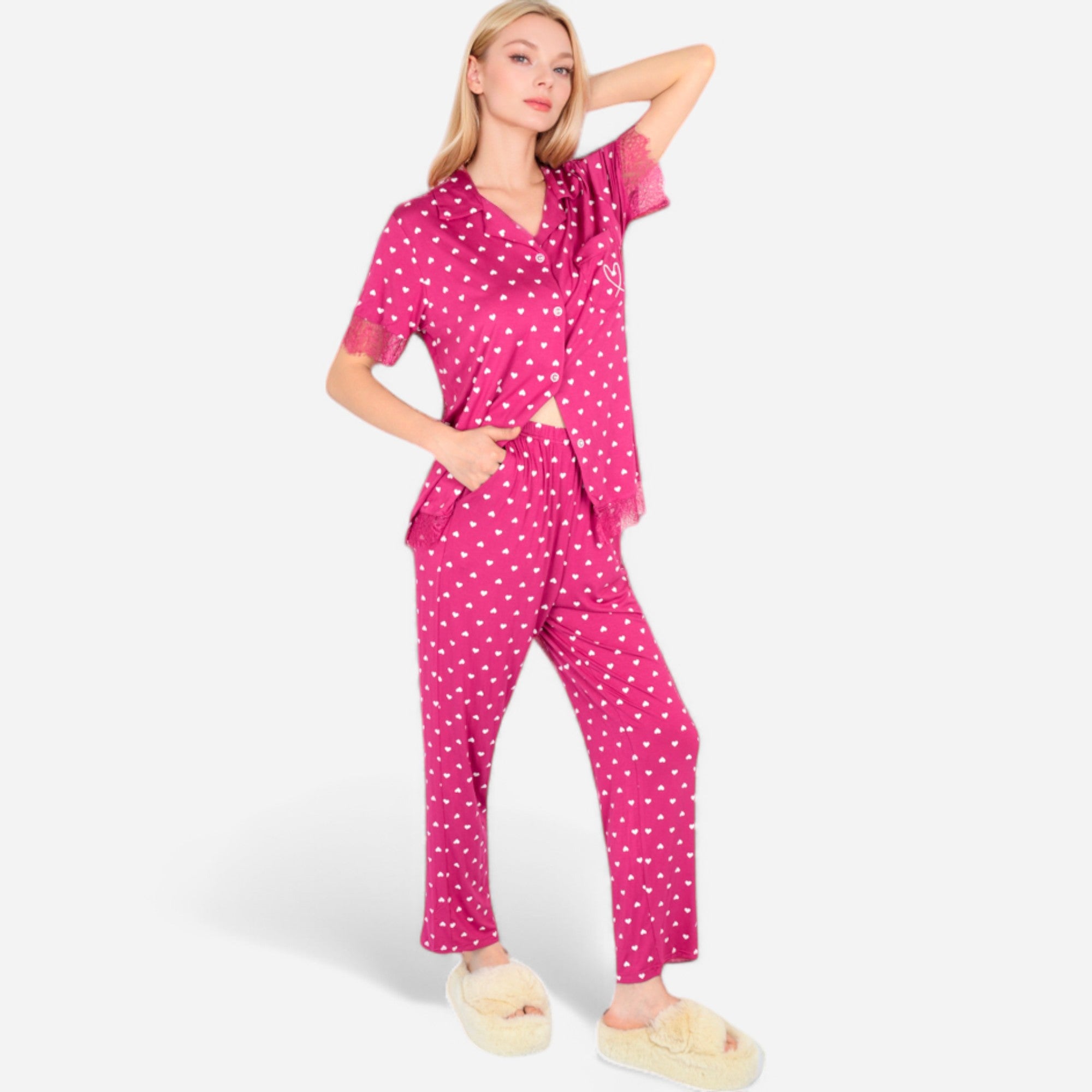 Anna-Kaci Lounge Women's Polka Dot Short Sleeve Button-Up Pajama Set with Pocket Detail