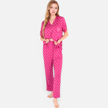 Anna-Kaci Lounge Women's Polka Dot Short Sleeve Button-Up Pajama Set with Pocket Detail