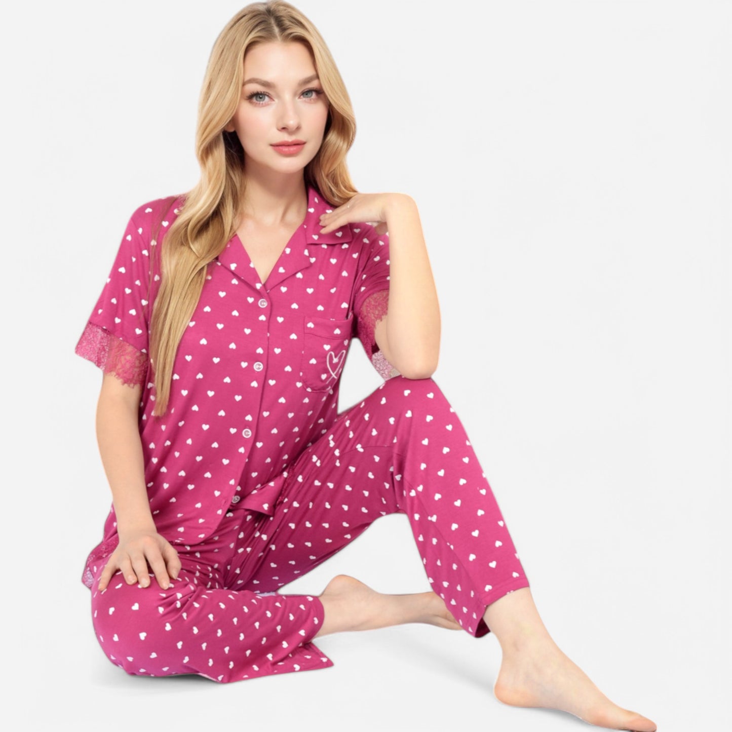 Anna-Kaci Lounge Women's Polka Dot Short Sleeve Button-Up Pajama Set with Pocket Detail