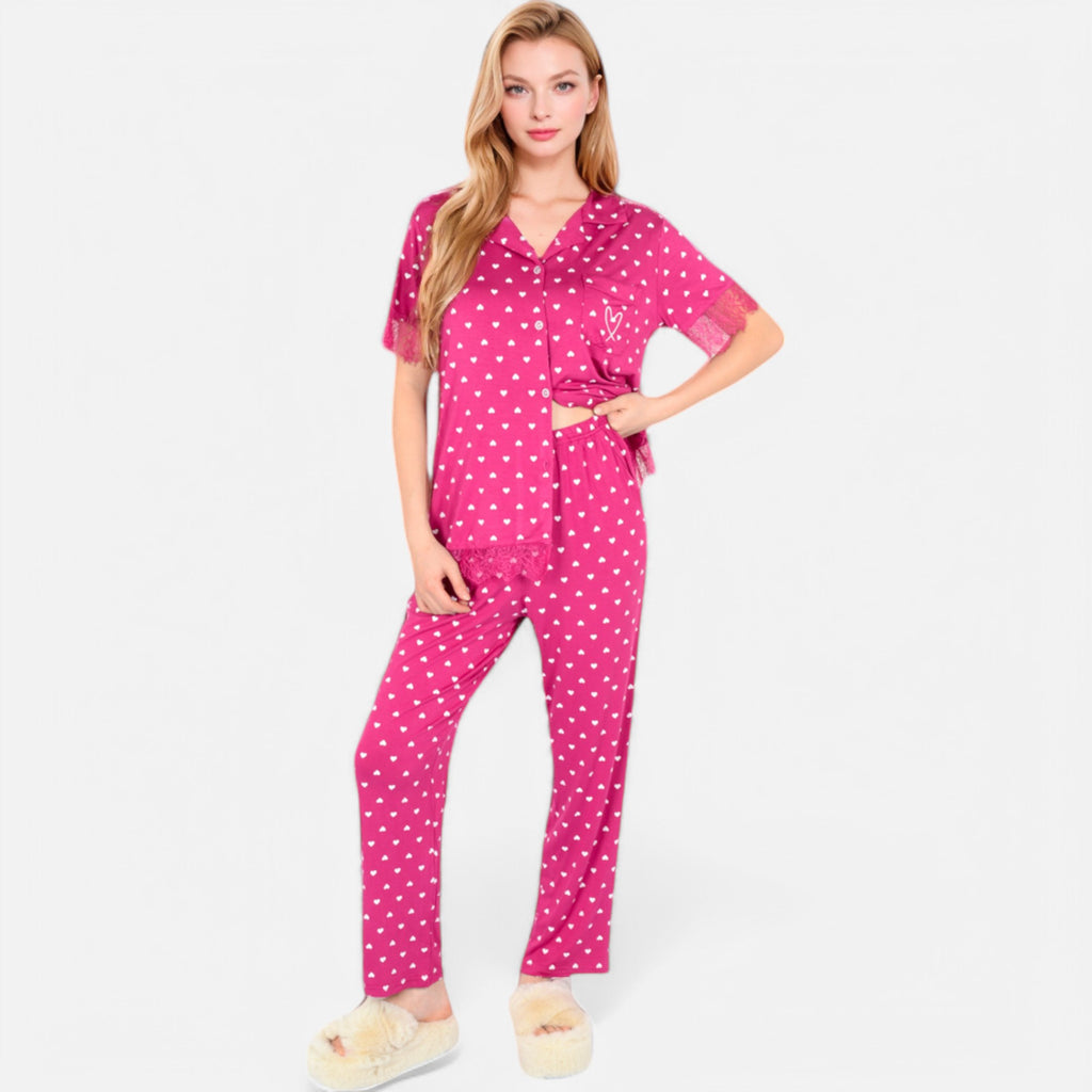 Anna-Kaci Lounge Women's Polka Dot Short Sleeve Button-Up Pajama Set with Pocket Detail