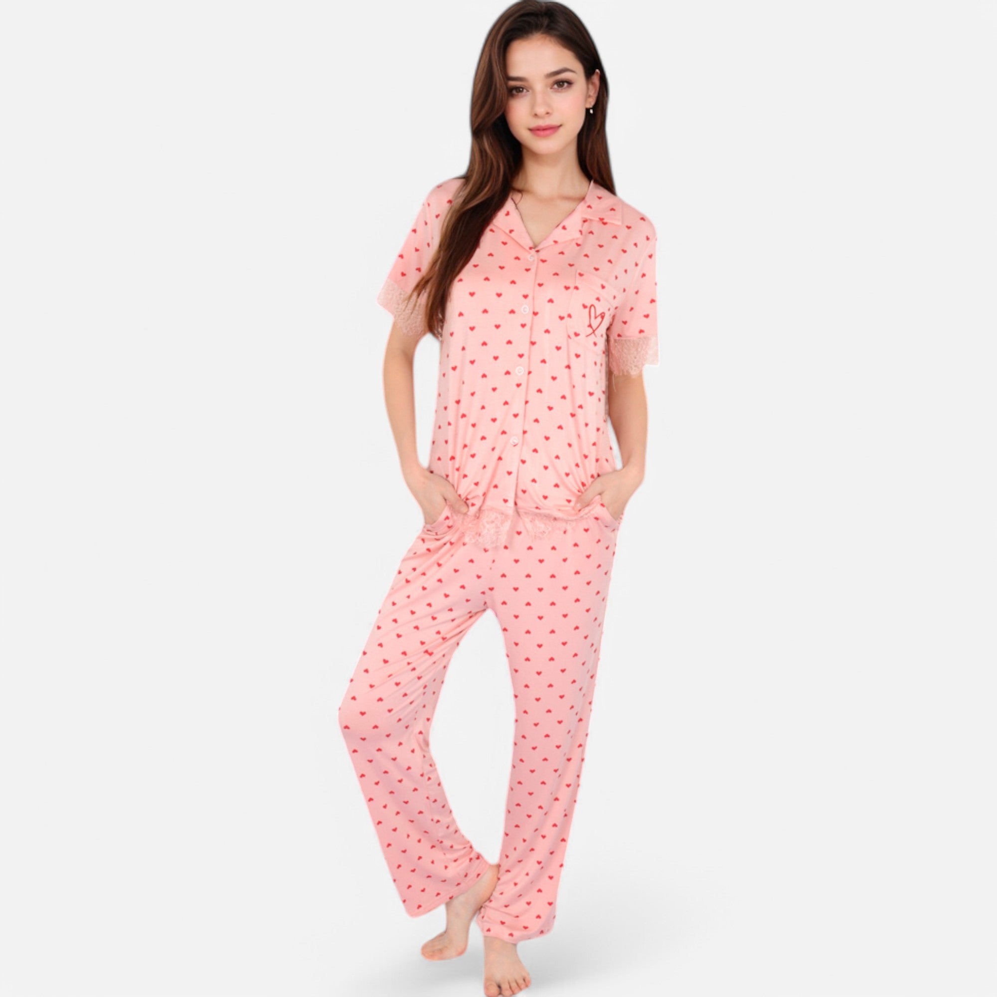 Anna-Kaci Lounge Women's Polka Dot Short Sleeve Button-Up Pajama Set with Pocket Detail
