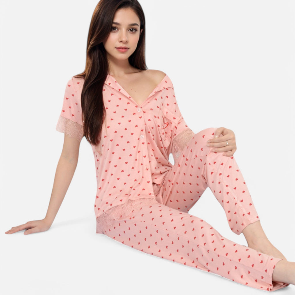 Anna-Kaci Lounge Women's Polka Dot Short Sleeve Button-Up Pajama Set with Pocket Detail