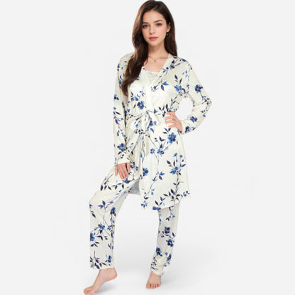 Anna-Kaci Lounge Women's Floral Print 3-Piece Pajama Set with Long Cardigan and Elastic Waist Pants