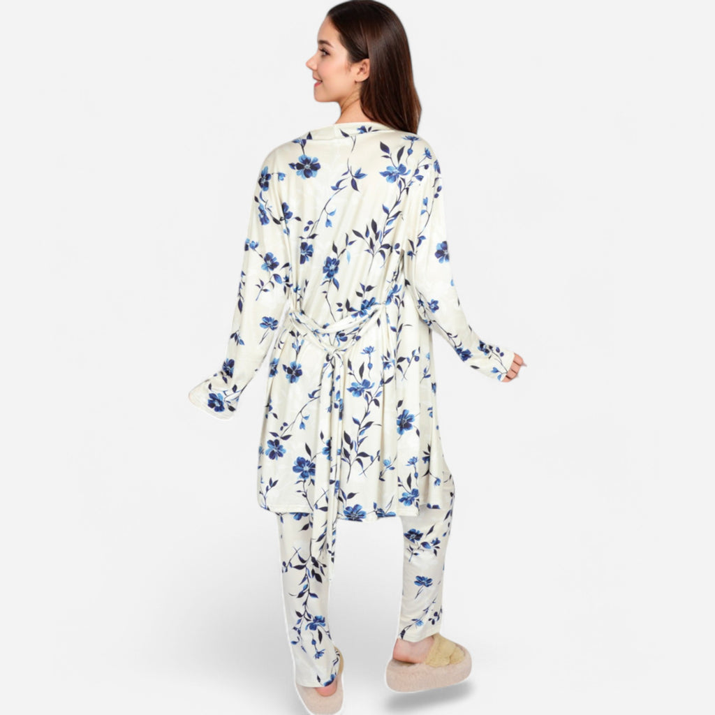 Anna-Kaci Lounge Women's Floral Print 3-Piece Pajama Set with Long Cardigan and Elastic Waist Pants