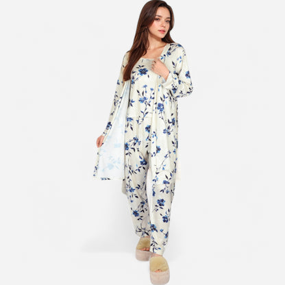 Anna-Kaci Lounge Women's Floral Print 3-Piece Pajama Set with Long Cardigan and Elastic Waist Pants