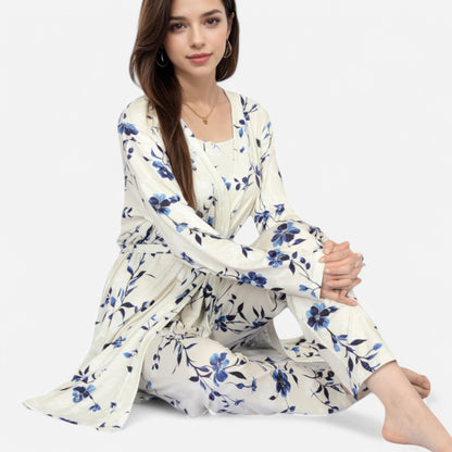Anna-Kaci Lounge Women's Floral Print 3-Piece Pajama Set with Long Cardigan and Elastic Waist Pants